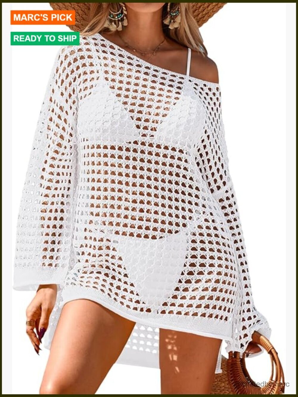 Women's Crochet Swimsuit Cover Up Oversized Long Sleeve Mesh Knit Beach Dress